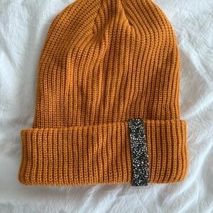 Stylish Orange Knit Beanie with Glitter Detail